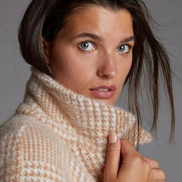 Anthropologie Greylin Houndstooth Shirt Fuzzy Beige White Jacket Blazer - Picture 3 of 9